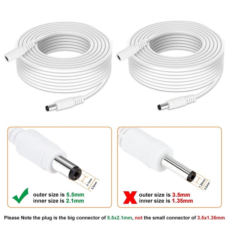 WILDHD DC Power Extension Cable, 33ft 2Pack 2.1mmx5.5mm DC Plug Power Supply Adapter Extension Cord 20AWG Power Cord Compatible with 12V,24V Wireless CCTV IP Security Camera,Led Strip Lights(2pcs White) - Image 1